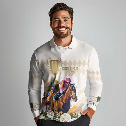 Australia Cup Caulfield Horse Racing Long Sleeve Polo Shirt Champion Trophy Mix White Roses - Aussie Hoodie