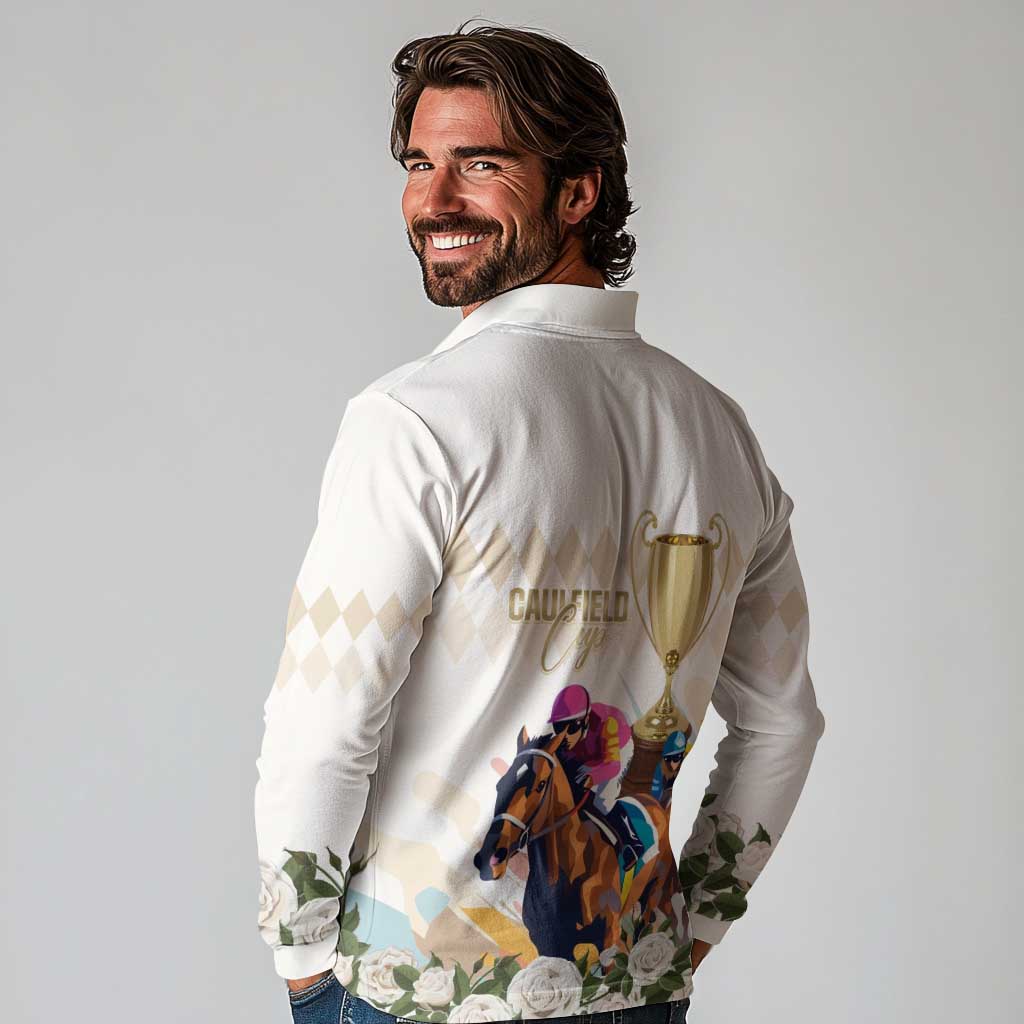 Australia Cup Caulfield Horse Racing Long Sleeve Polo Shirt Champion Trophy Mix White Roses - Aussie Hoodie