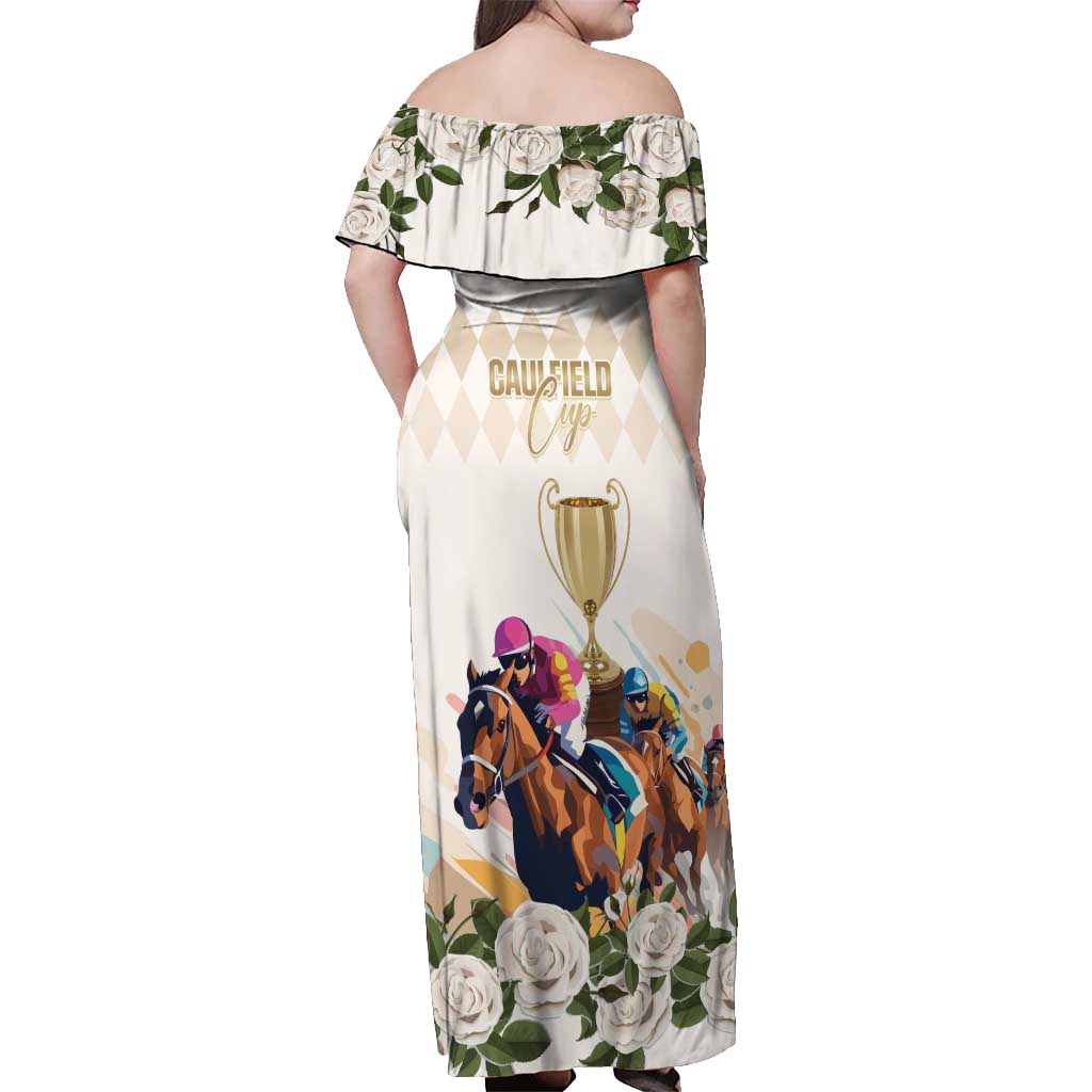 Australia Cup Caulfield Horse Racing Off Shoulder Maxi Dress Champion Trophy Mix White Roses - Aussie Hoodie