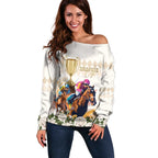 Australia Cup Caulfield Horse Racing Off Shoulder Sweater Champion Trophy Mix White Roses - Aussie Hoodie