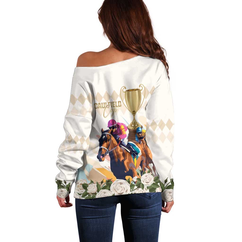 Australia Cup Caulfield Horse Racing Off Shoulder Sweater Champion Trophy Mix White Roses - Aussie Hoodie