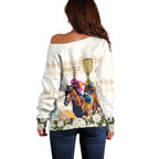 Australia Cup Caulfield Horse Racing Off Shoulder Sweater Champion Trophy Mix White Roses - Aussie Hoodie