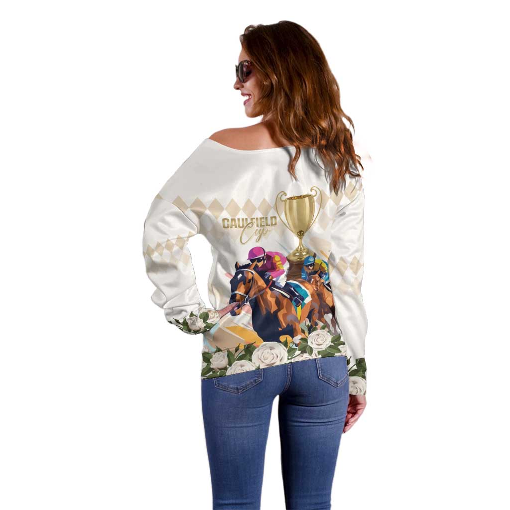 Australia Cup Caulfield Horse Racing Off Shoulder Sweater Champion Trophy Mix White Roses - Aussie Hoodie