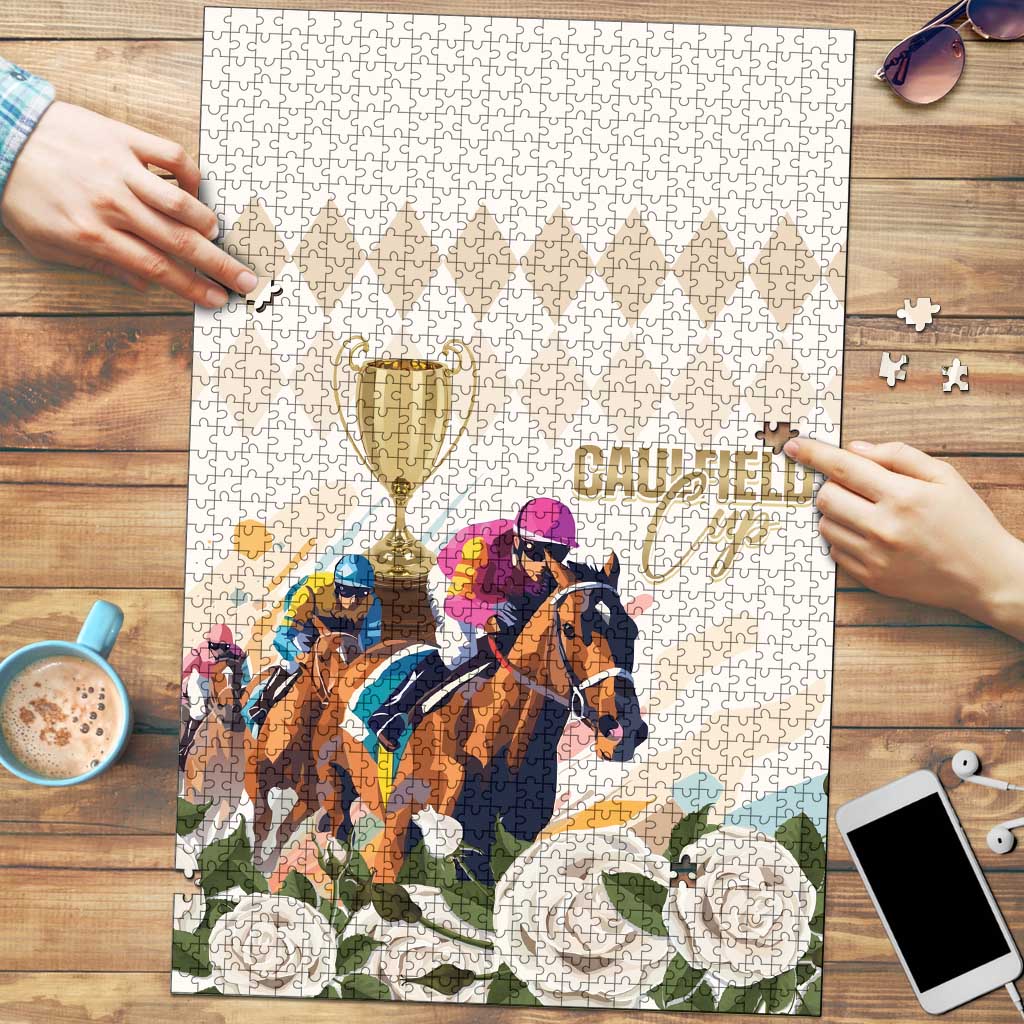 Australia Cup Caulfield Horse Racing Puzzle Champion Trophy Mix White Roses - Aussie Hoodie
