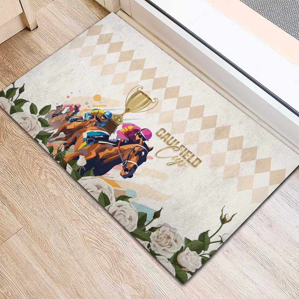 Australia Cup Caulfield Horse Racing Rubber Doormat Champion Trophy Mix White Roses - Aussie Hoodie