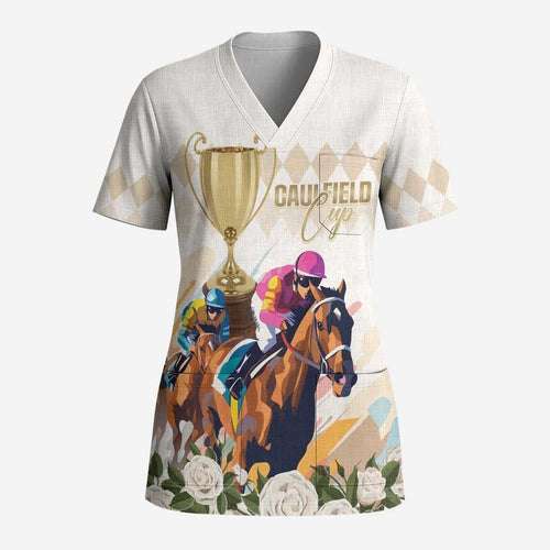 Australia Cup Caulfield Horse Racing Scrub Top Champion Trophy Mix White Roses - Aussie Hoodie