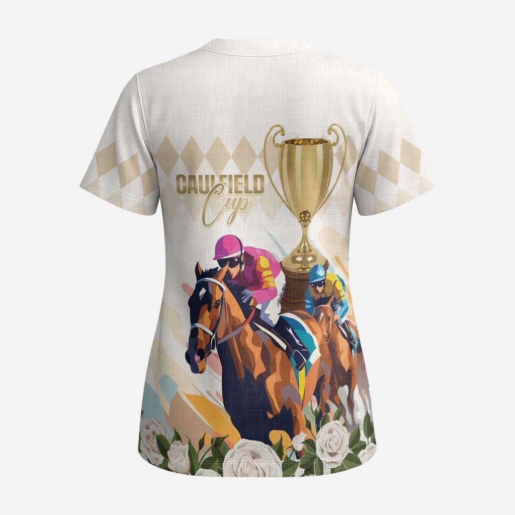 Australia Cup Caulfield Horse Racing Scrub Top Champion Trophy Mix White Roses - Aussie Hoodie