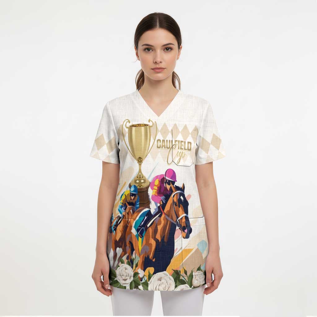 Australia Cup Caulfield Horse Racing Scrub Top Champion Trophy Mix White Roses - Aussie Hoodie