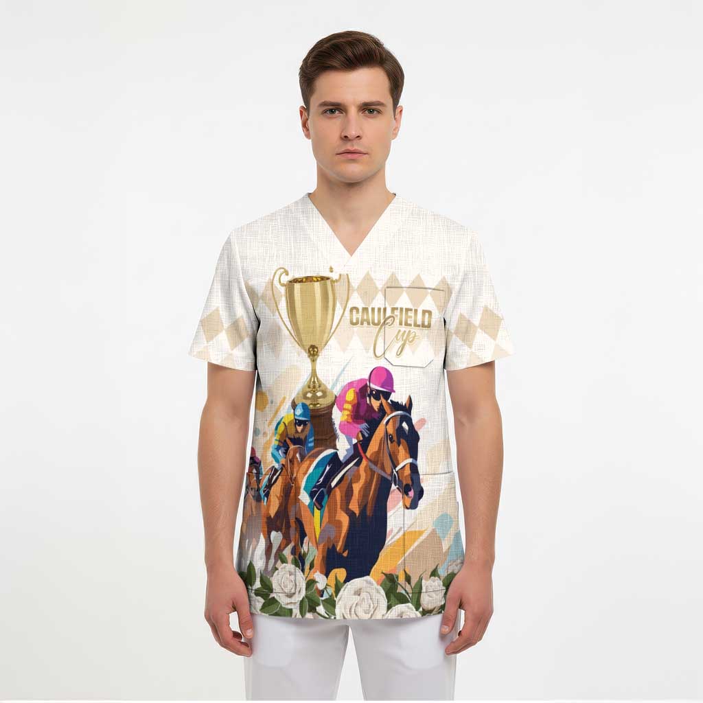 Australia Cup Caulfield Horse Racing Scrub Top Champion Trophy Mix White Roses - Aussie Hoodie