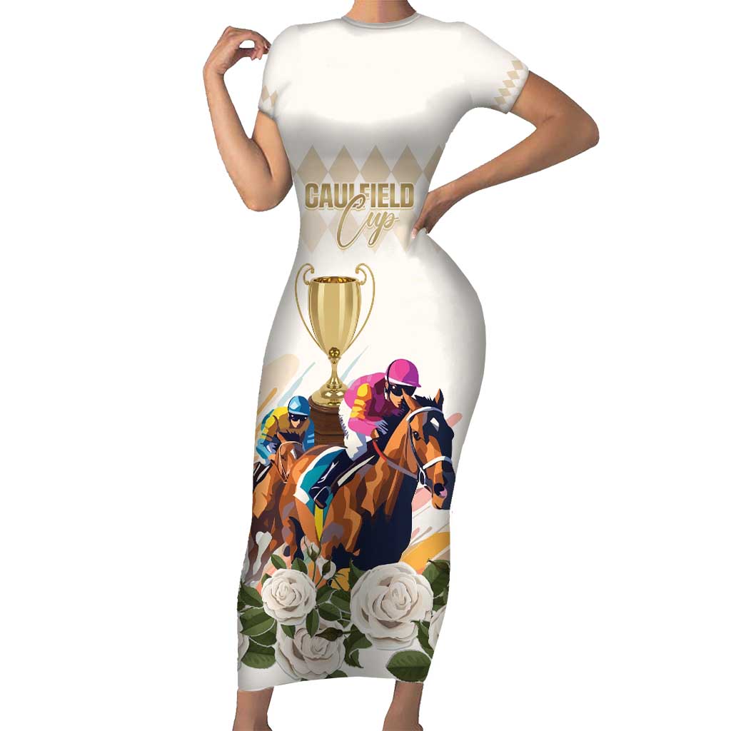 Australia Cup Caulfield Horse Racing Short Sleeve Bodycon Dress Champion Trophy Mix White Roses - Aussie Hoodie