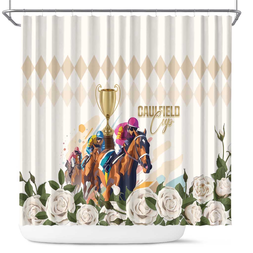 Australia Cup Caulfield Horse Racing Shower Curtain Champion Trophy Mix White Roses - Aussie Hoodie