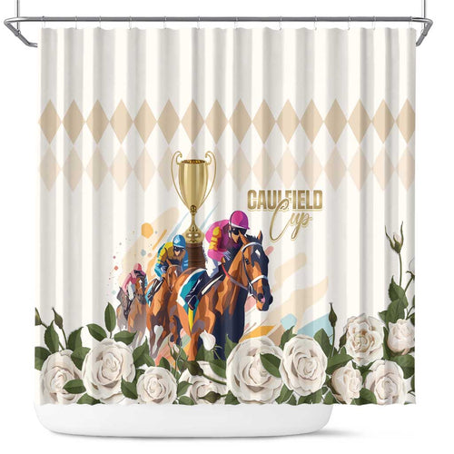 Australia Cup Caulfield Horse Racing Shower Curtain Champion Trophy Mix White Roses - Aussie Hoodie
