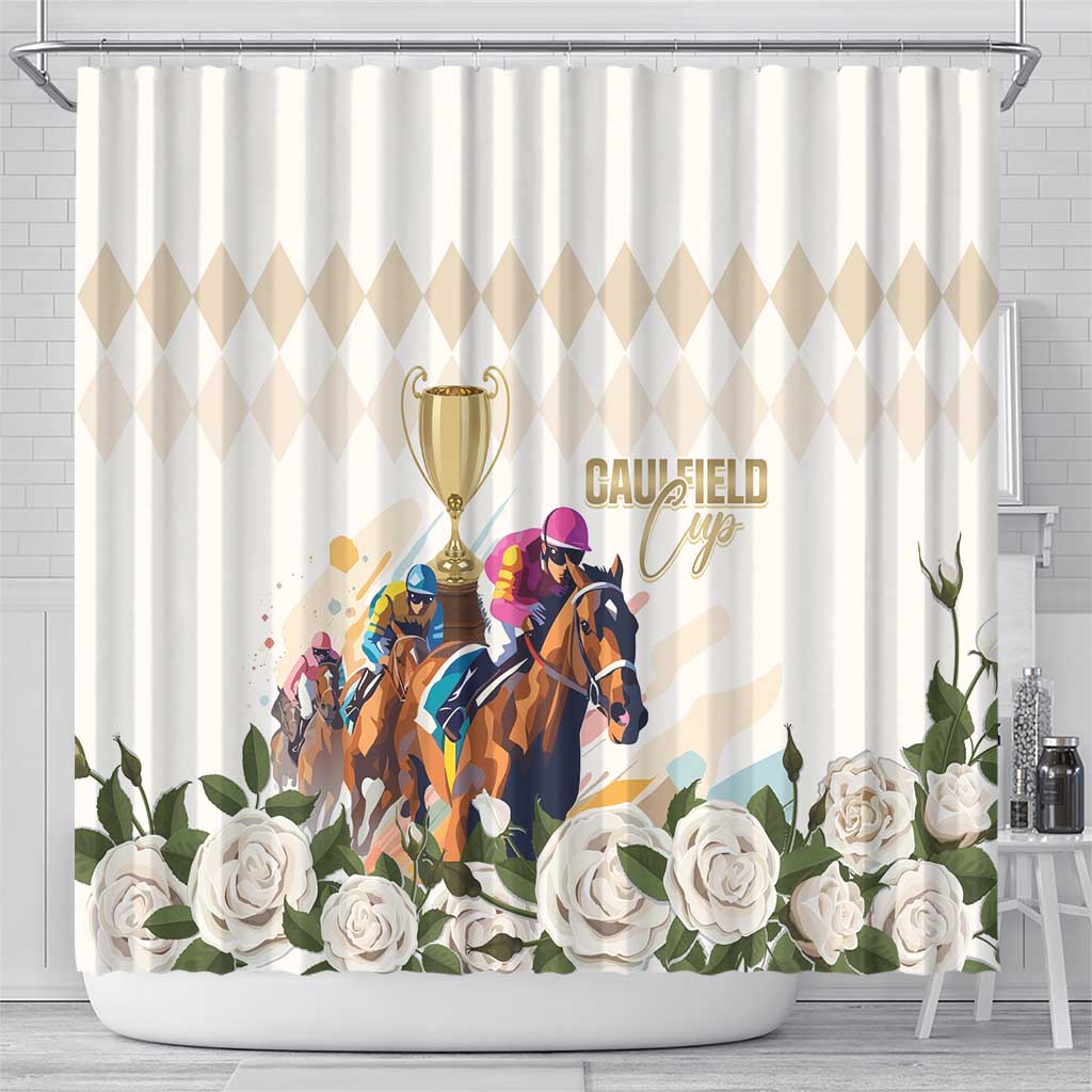 Australia Cup Caulfield Horse Racing Shower Curtain Champion Trophy Mix White Roses - Aussie Hoodie