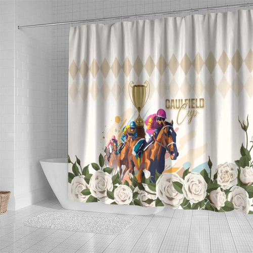 Australia Cup Caulfield Horse Racing Shower Curtain Champion Trophy Mix White Roses - Aussie Hoodie