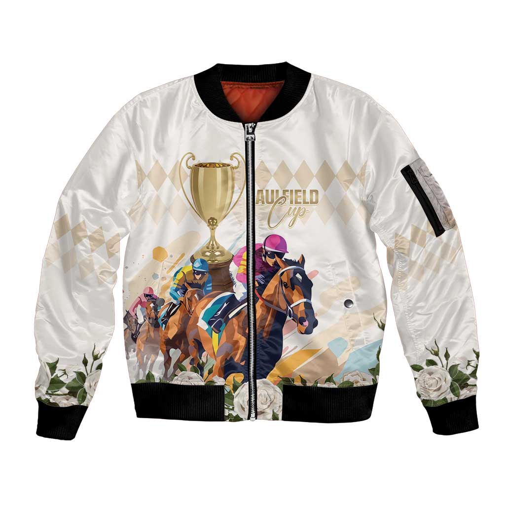 Australia Cup Caulfield Horse Racing Sleeve Zip Bomber Jacket Champion Trophy Mix White Roses - Aussie Hoodie
