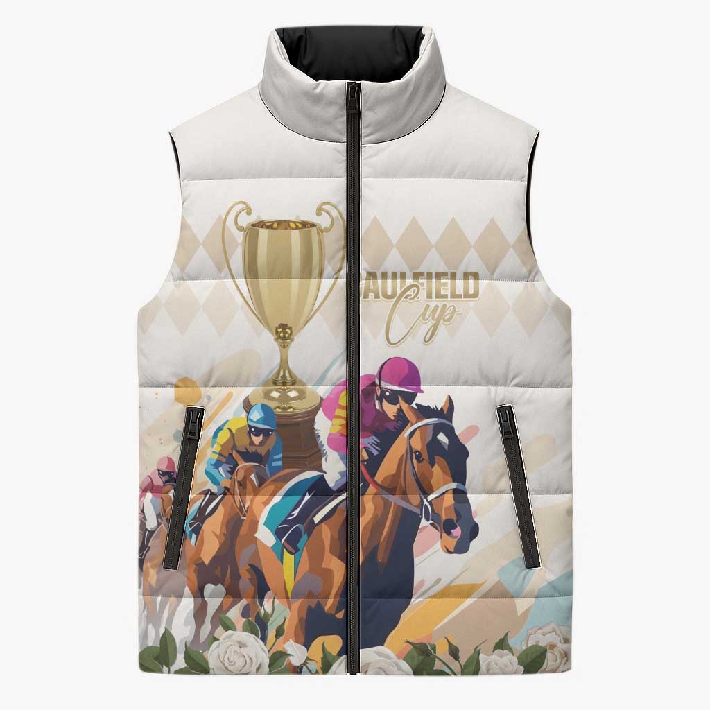 Australia Cup Caulfield Horse Racing Sleeveless Puffer Jacket Champion Trophy Mix White Roses - Aussie Hoodie