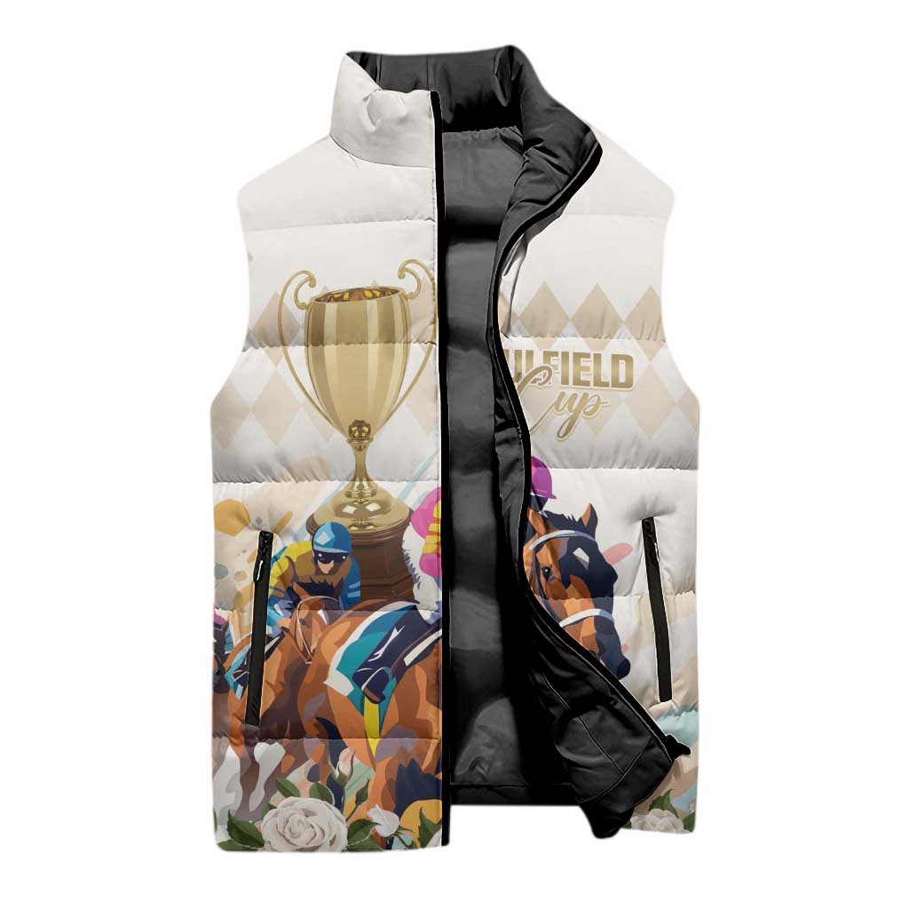 Australia Cup Caulfield Horse Racing Sleeveless Puffer Jacket Champion Trophy Mix White Roses - Aussie Hoodie