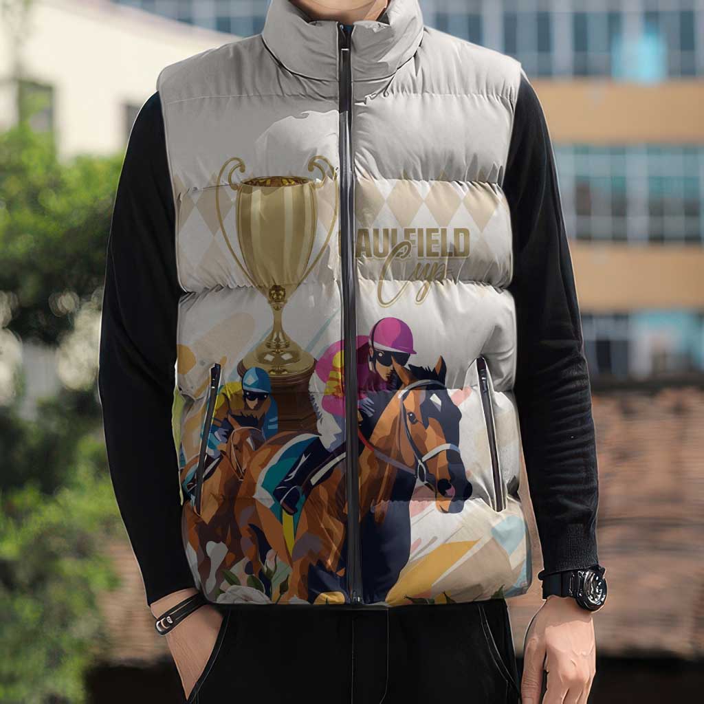 Australia Cup Caulfield Horse Racing Sleeveless Puffer Jacket Champion Trophy Mix White Roses - Aussie Hoodie