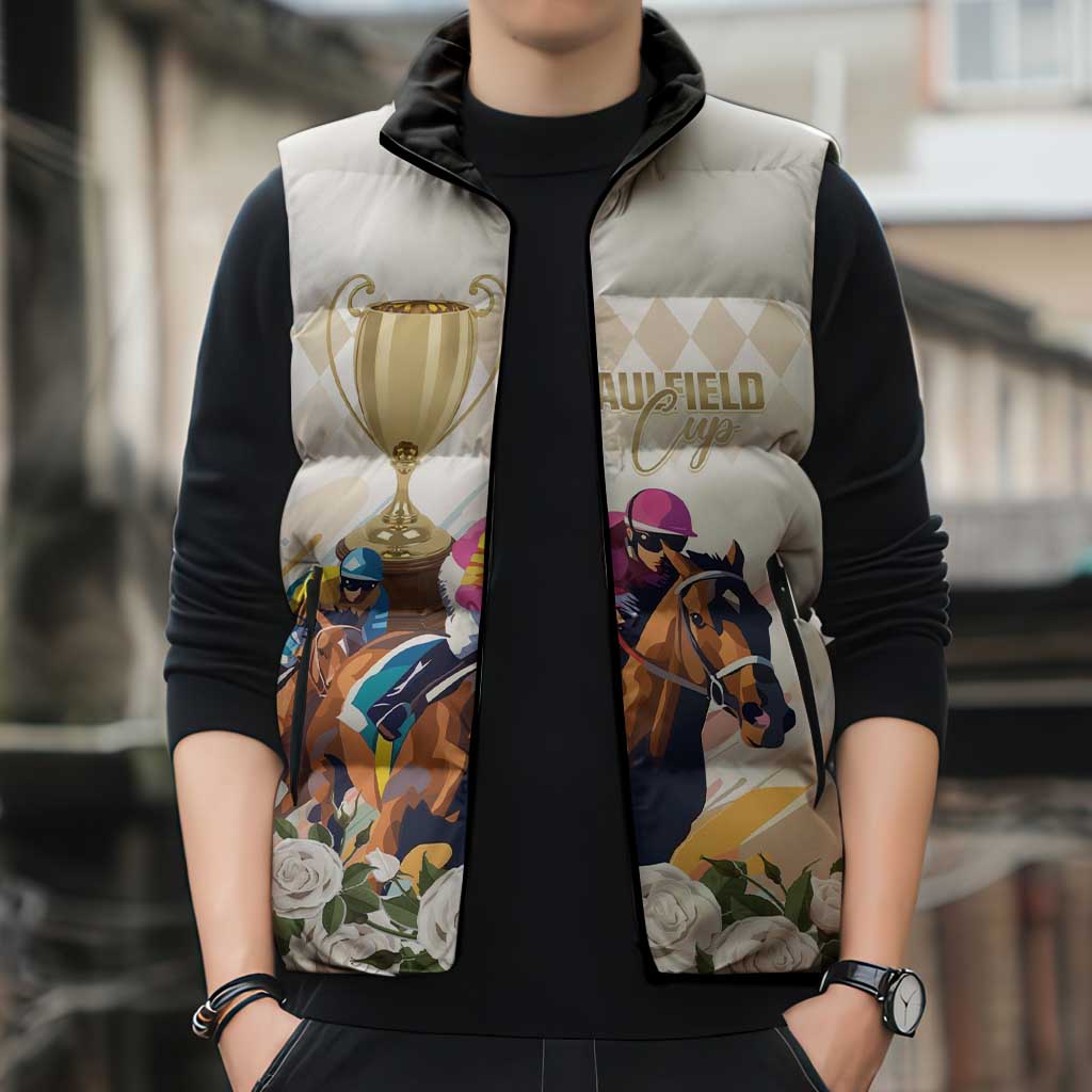 Australia Cup Caulfield Horse Racing Sleeveless Puffer Jacket Champion Trophy Mix White Roses - Aussie Hoodie
