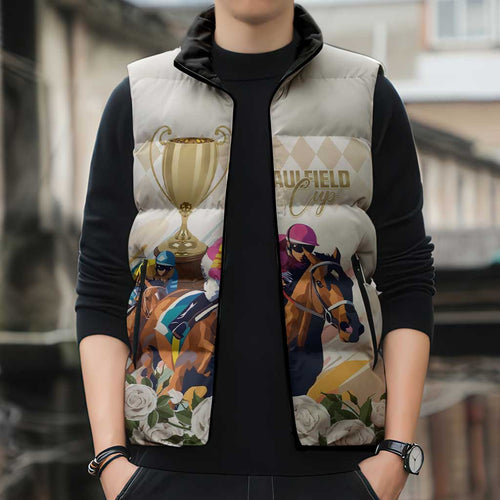 Australia Cup Caulfield Horse Racing Sleeveless Puffer Jacket Champion Trophy Mix White Roses - Aussie Hoodie