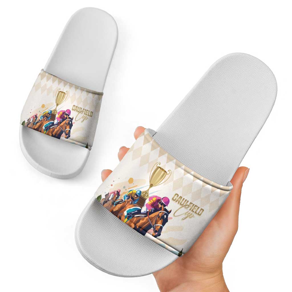 Australia Cup Caulfield Horse Racing Slide Sandals Champion Trophy Mix White Roses - Aussie Hoodie