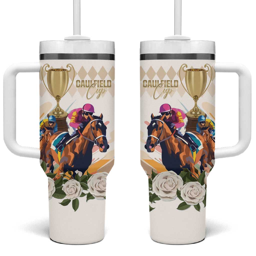 Australia Cup Caulfield Horse Racing Tumbler With Handle Champion Trophy Mix White Roses - Aussie Hoodie