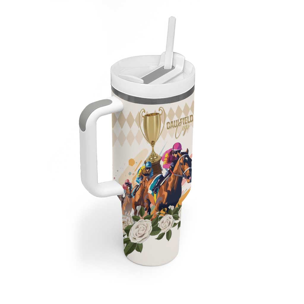 Australia Cup Caulfield Horse Racing Tumbler With Handle Champion Trophy Mix White Roses - Aussie Hoodie