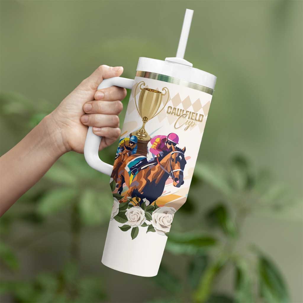 Australia Cup Caulfield Horse Racing Tumbler With Handle Champion Trophy Mix White Roses - Aussie Hoodie