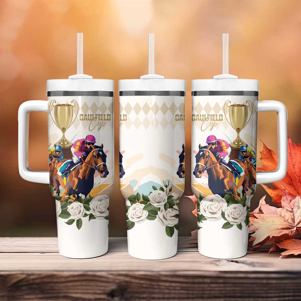 Australia Cup Caulfield Horse Racing Tumbler With Handle Champion Trophy Mix White Roses - Aussie Hoodie