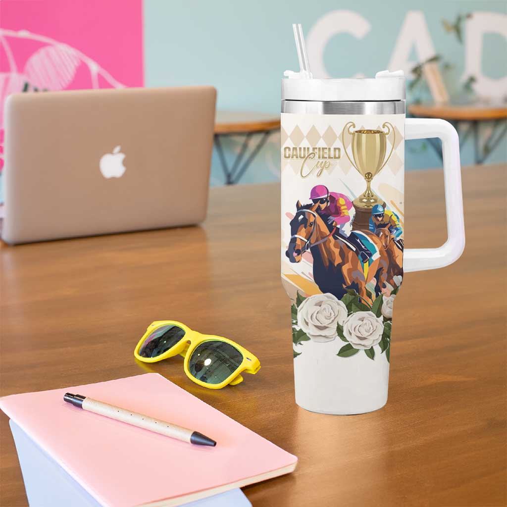 Australia Cup Caulfield Horse Racing Tumbler With Handle Champion Trophy Mix White Roses - Aussie Hoodie