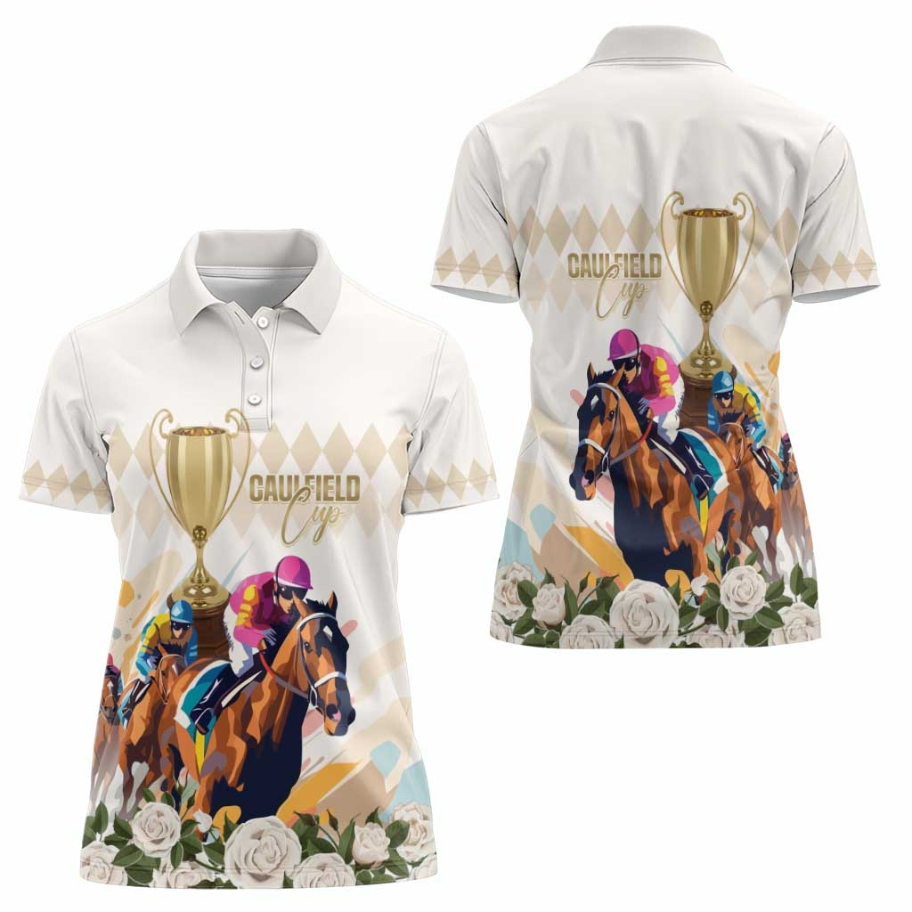 Australia Cup Caulfield Horse Racing Women Polo Shirt Champion Trophy Mix White Roses - Aussie Hoodie