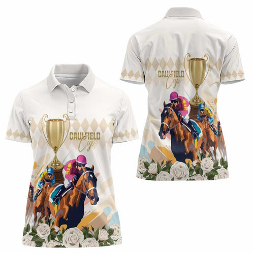 Australia Cup Caulfield Horse Racing Women Polo Shirt Champion Trophy Mix White Roses - Aussie Hoodie
