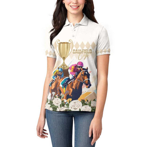 Australia Cup Caulfield Horse Racing Women Polo Shirt Champion Trophy Mix White Roses - Aussie Hoodie