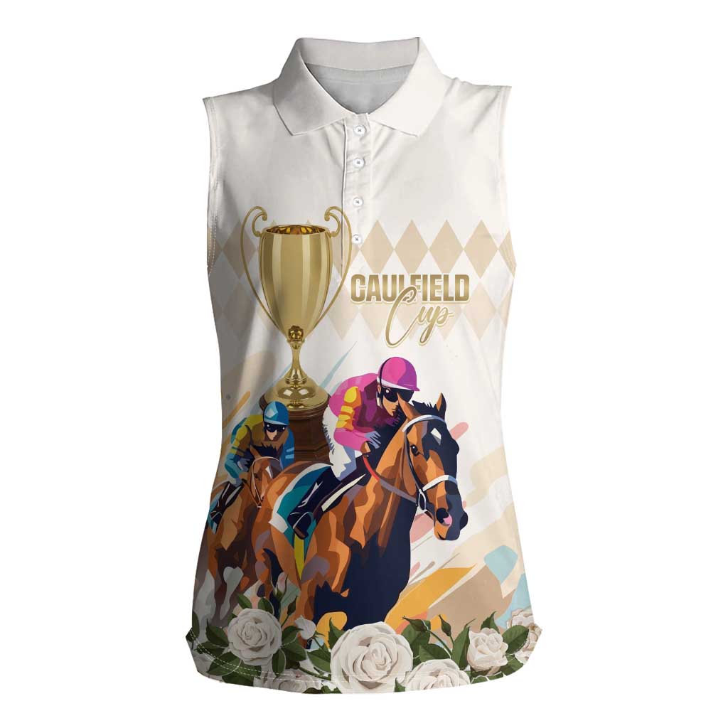 Australia Cup Caulfield Horse Racing Women Sleeveless Polo Shirt Champion Trophy Mix White Roses - Aussie Hoodie