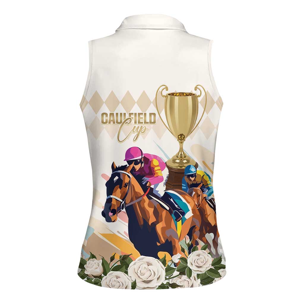Australia Cup Caulfield Horse Racing Women Sleeveless Polo Shirt Champion Trophy Mix White Roses - Aussie Hoodie