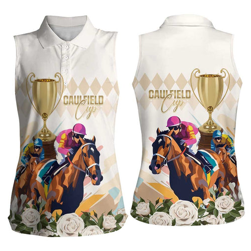Australia Cup Caulfield Horse Racing Women Sleeveless Polo Shirt Champion Trophy Mix White Roses - Aussie Hoodie