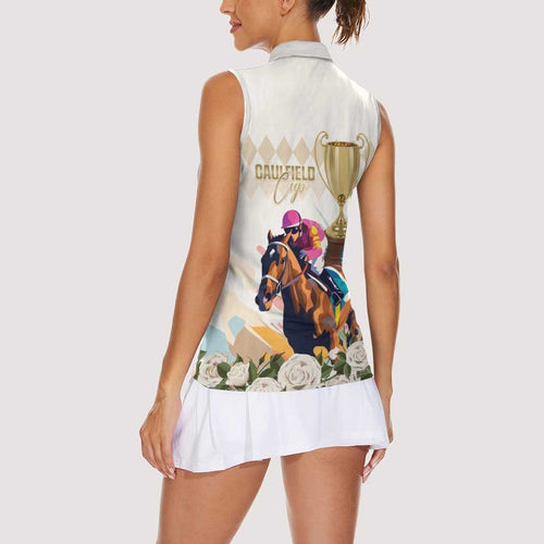 Australia Cup Caulfield Horse Racing Women Sleeveless Polo Shirt Champion Trophy Mix White Roses - Aussie Hoodie