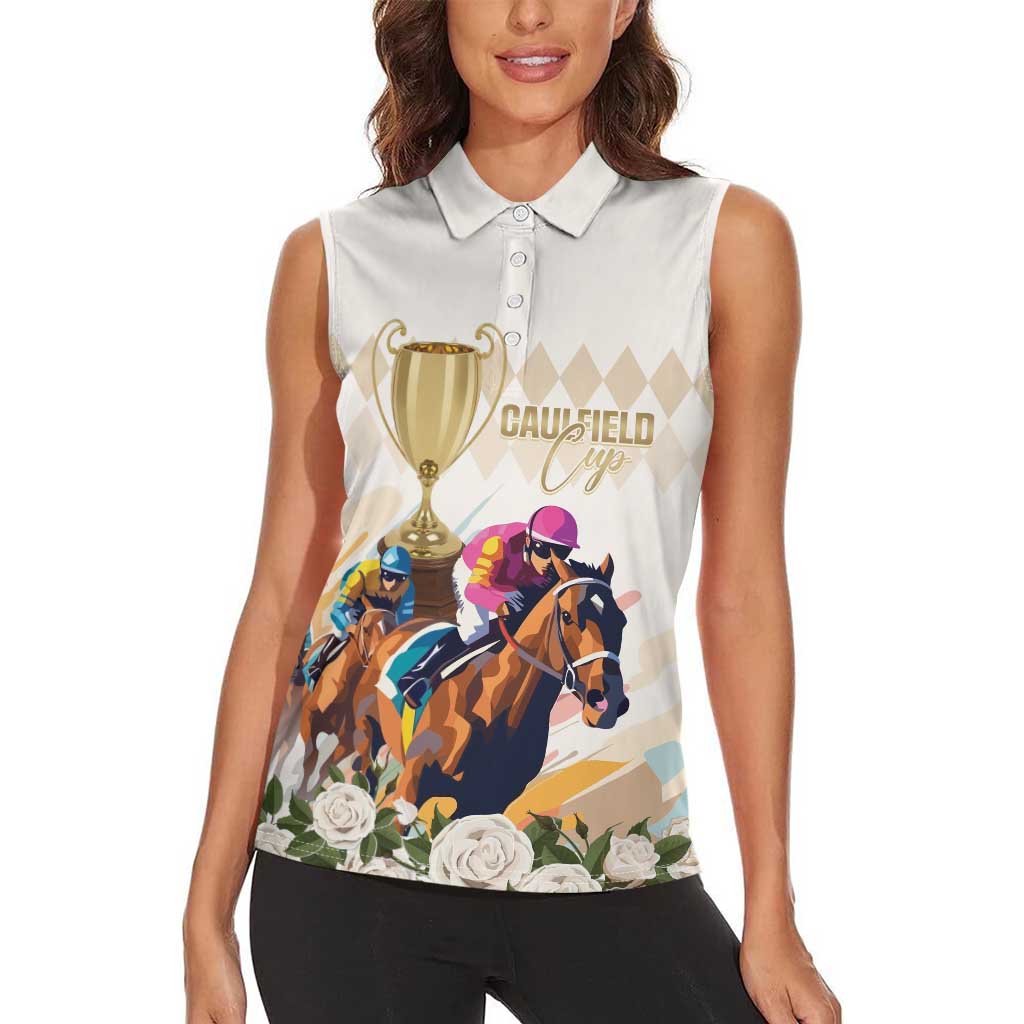 Australia Cup Caulfield Horse Racing Women Sleeveless Polo Shirt Champion Trophy Mix White Roses - Aussie Hoodie