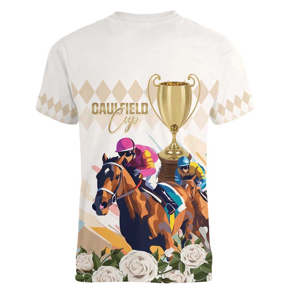 Australia Cup Caulfield Horse Racing Women V-Neck T-Shirt Champion Trophy Mix White Roses - Aussie Hoodie