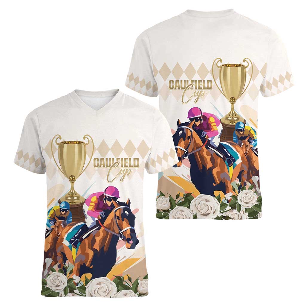 Australia Cup Caulfield Horse Racing Women V-Neck T-Shirt Champion Trophy Mix White Roses - Aussie Hoodie