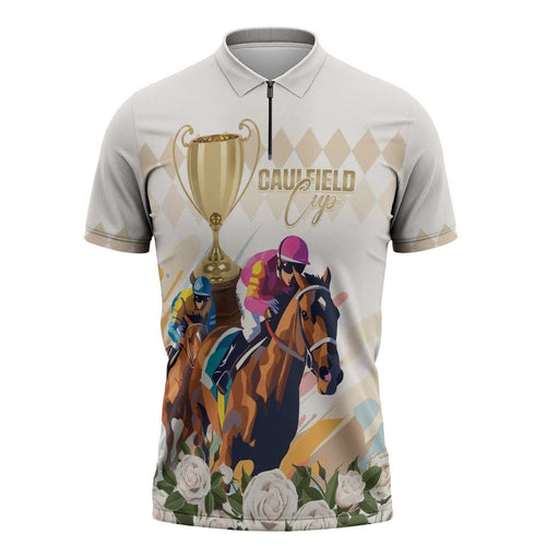 Australia Cup Caulfield Horse Racing Zipper Polo Shirt Champion Trophy Mix White Roses - Aussie Hoodie