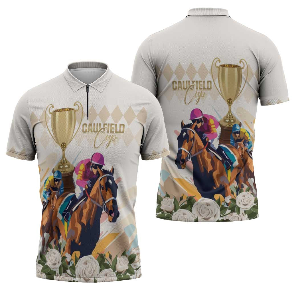 Australia Cup Caulfield Horse Racing Zipper Polo Shirt Champion Trophy Mix White Roses - Aussie Hoodie