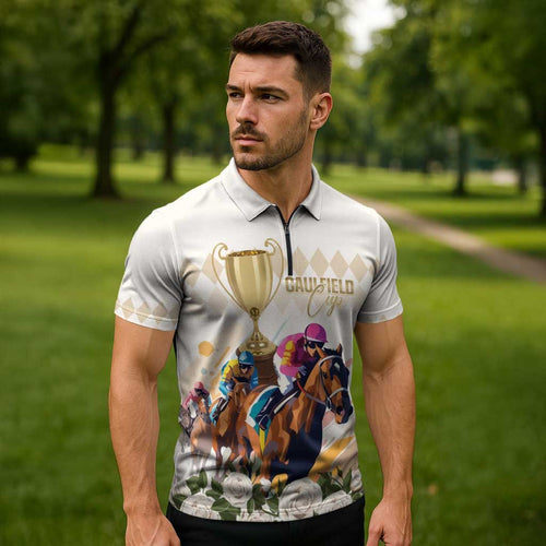 Australia Cup Caulfield Horse Racing Zipper Polo Shirt Champion Trophy Mix White Roses - Aussie Hoodie