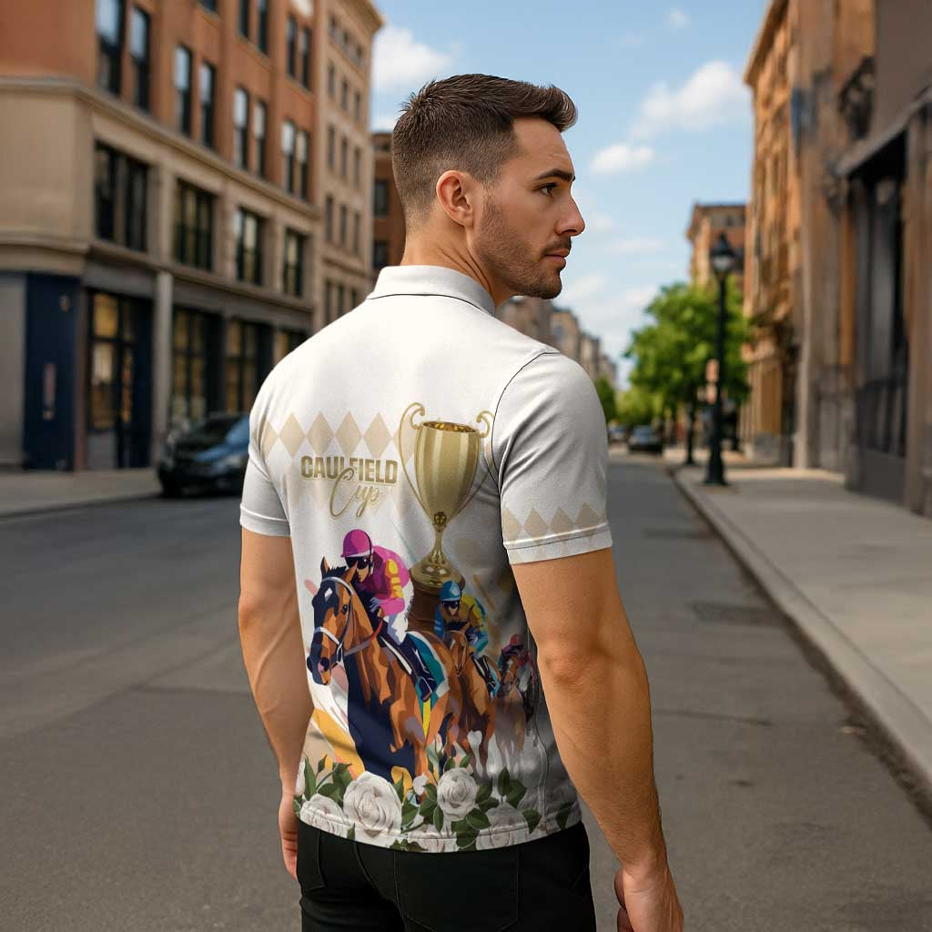 Australia Cup Caulfield Horse Racing Zipper Polo Shirt Champion Trophy Mix White Roses - Aussie Hoodie