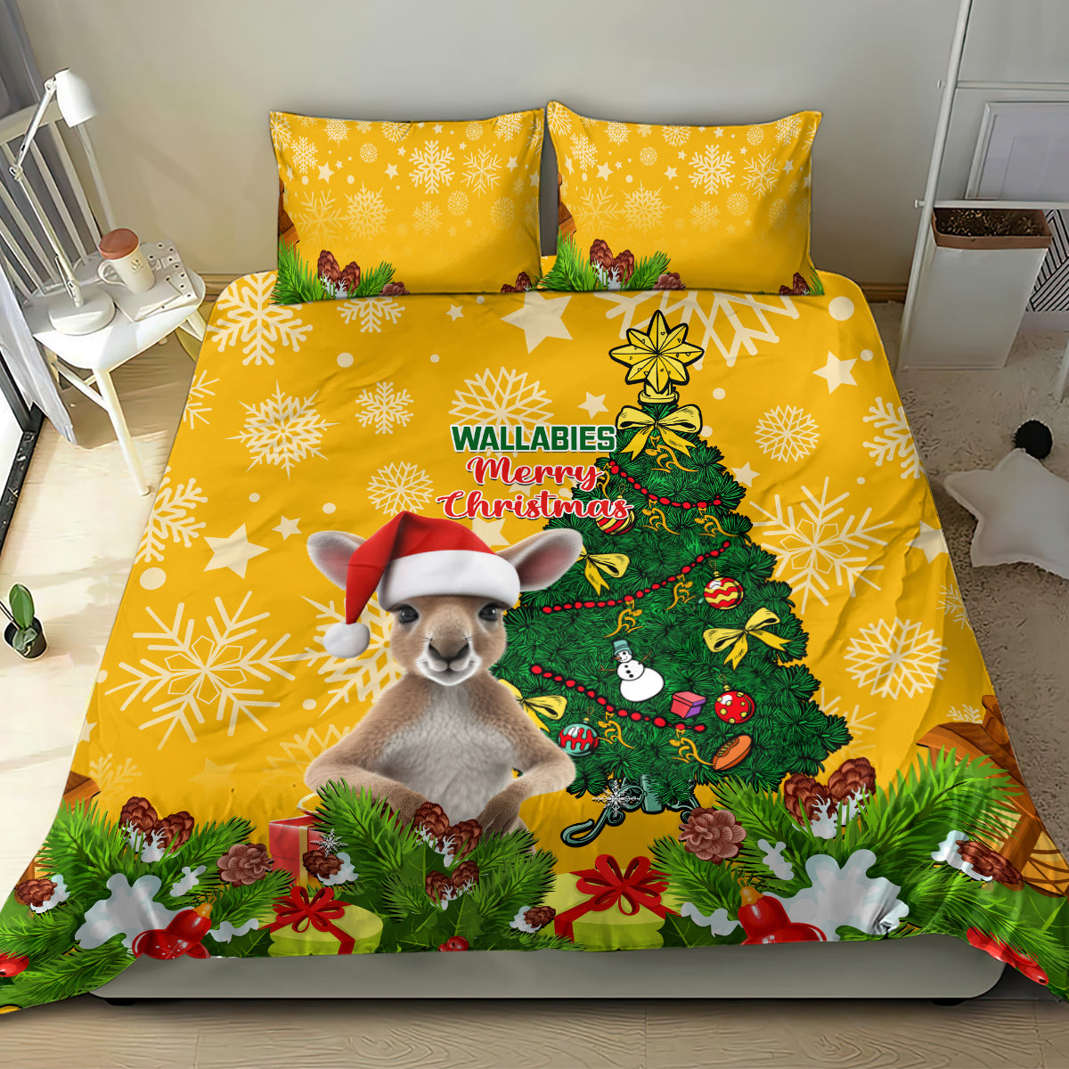 personalised-wallabies-rugby-christmas-bedding-set-merry-xmas-with-australian-kangaroo