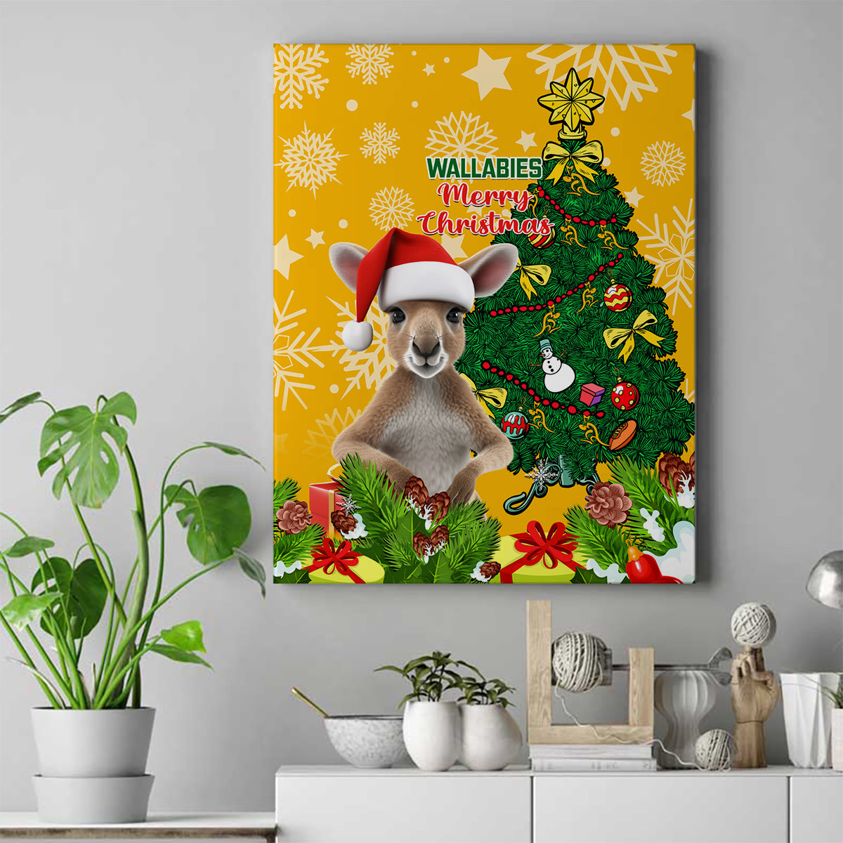 personalised-wallabies-rugby-christmas-canvas-wall-art-merry-xmas-with-australian-kangaroo