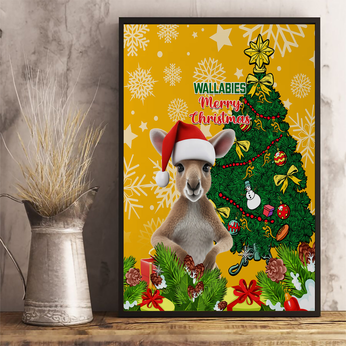 personalised-wallabies-rugby-christmas-canvas-wall-art-merry-xmas-with-australian-kangaroo