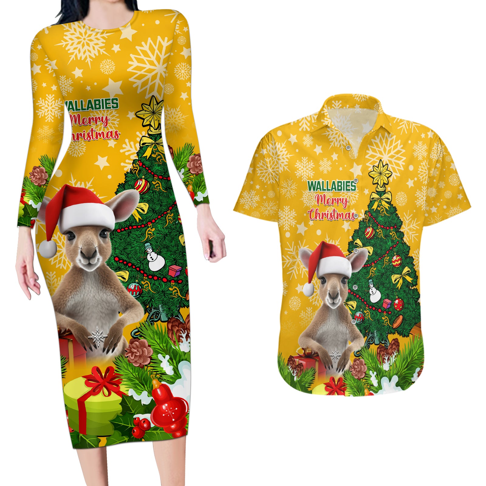 personalised-wallabies-rugby-christmas-couples-matching-long-sleeve-bodycon-dress-and-hawaiian-shirt-merry-xmas-with-australian-kangaroo
