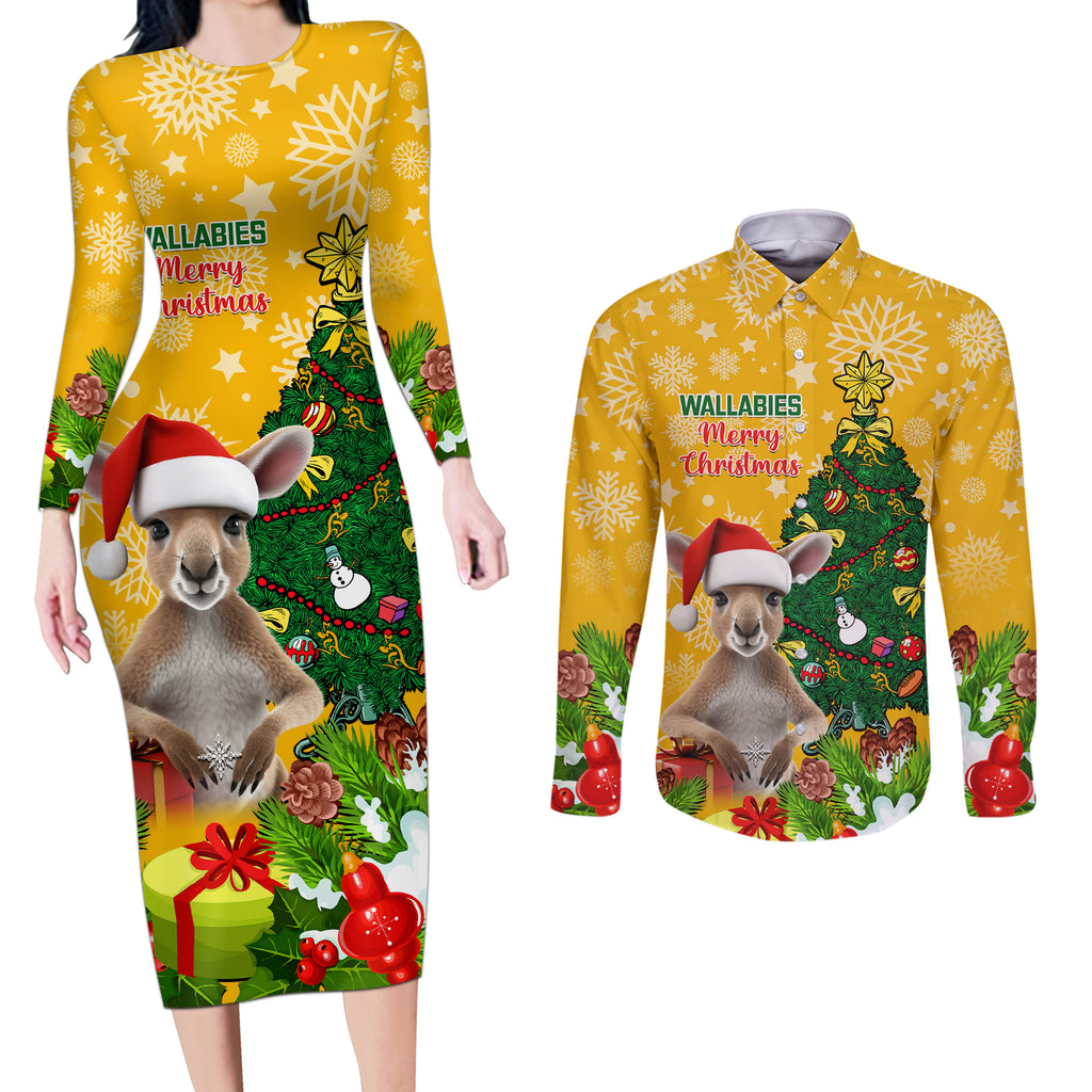 personalised-wallabies-rugby-christmas-couples-matching-long-sleeve-bodycon-dress-and-long-sleeve-button-shirts-merry-xmas-with-australian-kangaroo