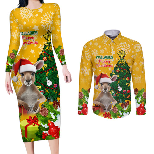 personalised-wallabies-rugby-christmas-couples-matching-long-sleeve-bodycon-dress-and-long-sleeve-button-shirts-merry-xmas-with-australian-kangaroo